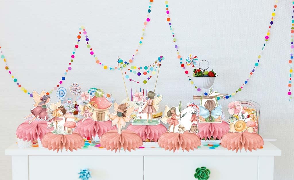 8 PCS Fairy Theme Honeycomb Centerpieces Pink Floral Fairy Girls Birthday Party Decoration My Fairy First Baby Shower Happy Birthday Party Supplies