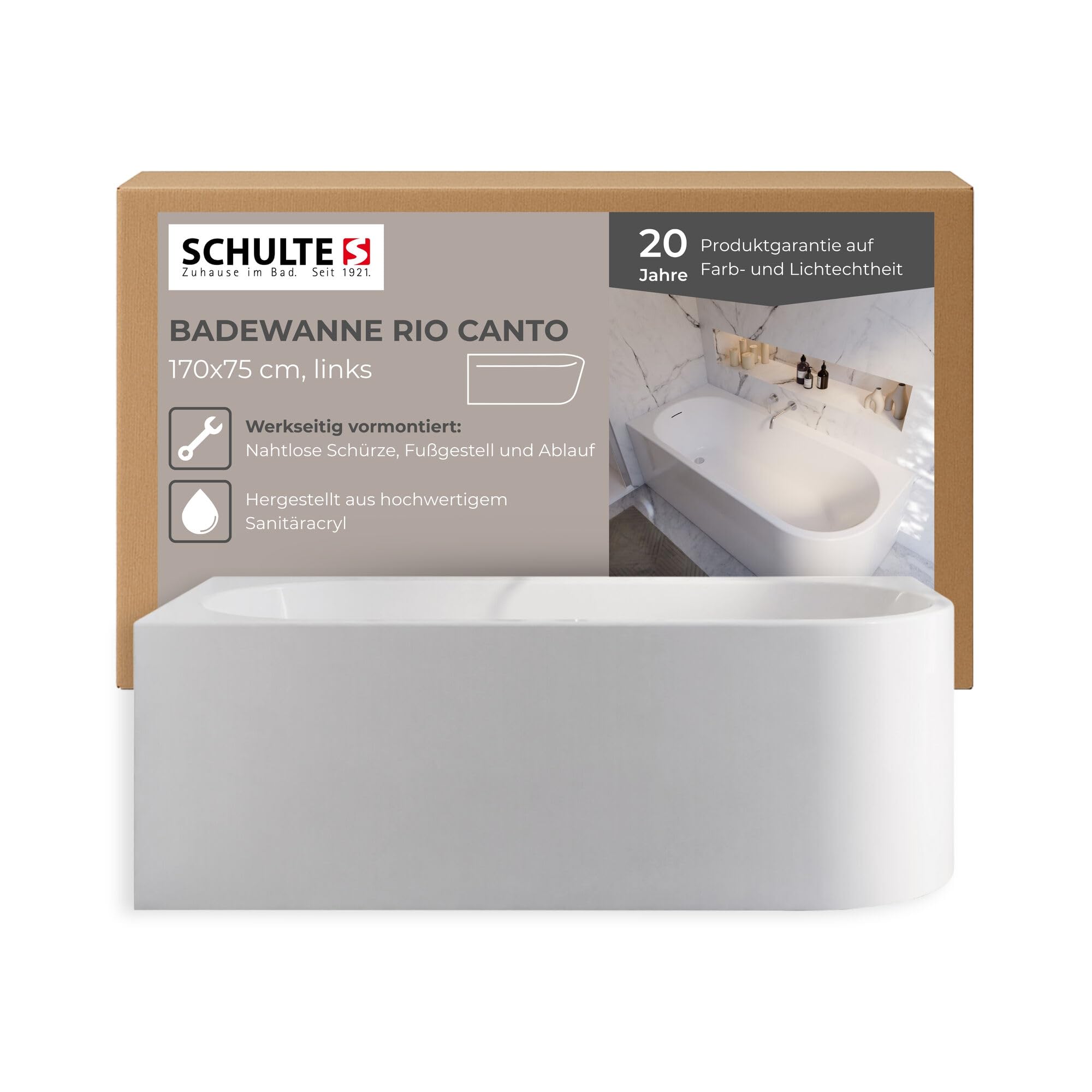 Schulte Badewanne Rio Canto links inkl. vormontierter Schürze, 170x75 cm, Set inkl. Fußgestell und Ablauf aus hochwertigem Acryl in Weiß glänzend