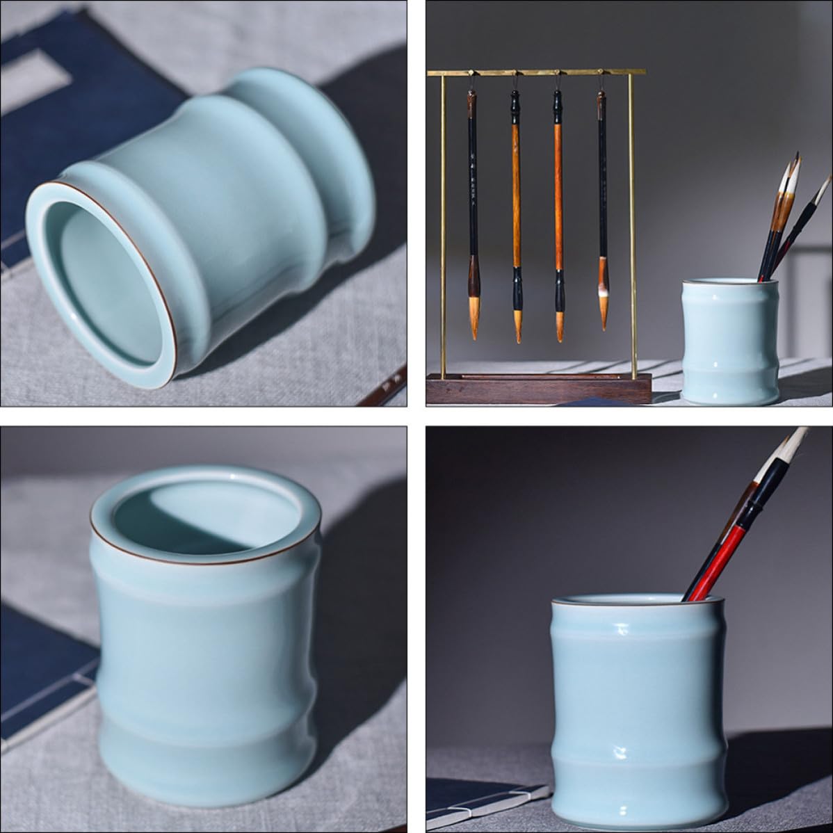 Portalápices de Cerámica Azul Celadón, Cilíndrico, Gran Capacidad