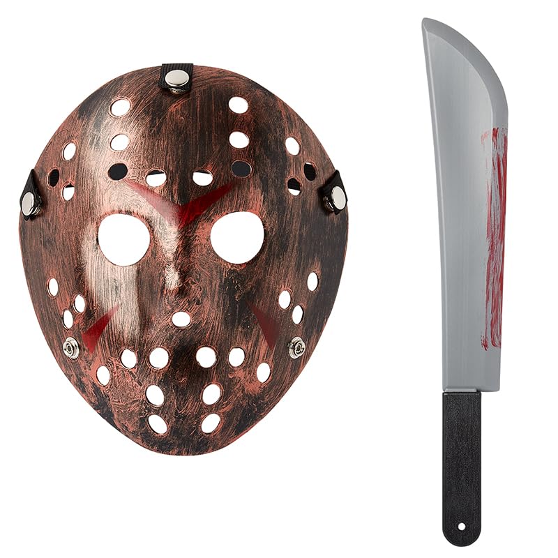 UltraByEasyPeasyStore Ultra Scary Halloween Hockey Mask - Horror Costume & Adults and Kids - Halloween Parties and Events - Perfect Scary Costume Accessory - Serial Killer โ Bronze Mask and Machete โ image 1