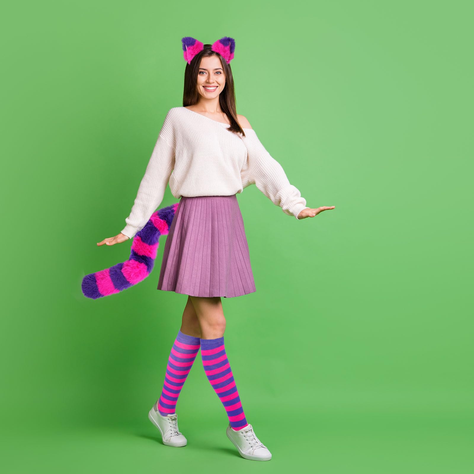Kavoc Gestreiftes Katzenkostüm für Mädchen Damen, Katzenohren, pelziger Schwanz, gestreifte Socken für Halloween Cosplay Dress Up