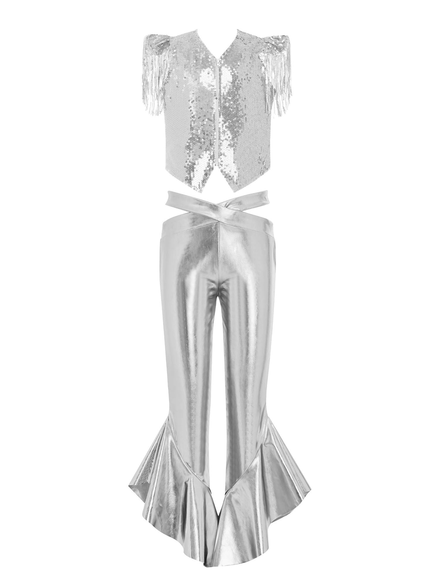 MSemis Enfants Ensemble Hip Hop Enfant Fille Tenues De Danse Avec Paillettes Pour Filles Ensemble Pantalons Danse Jazz Pour Filles Party Argent 15-16 ans
