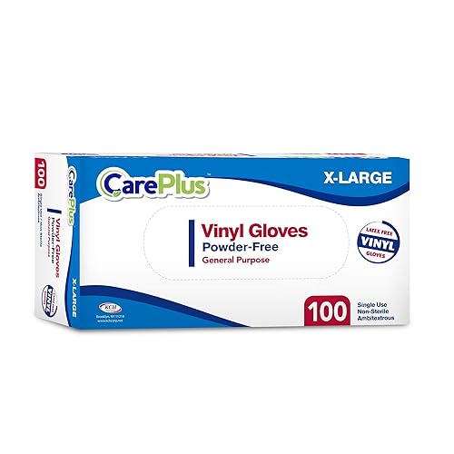 Care Plus - Guantes desechables de vinilo, tamaño extragrande, resistentes, no estériles, sin polvo, goma sin látex, 100 unidades, seguros para