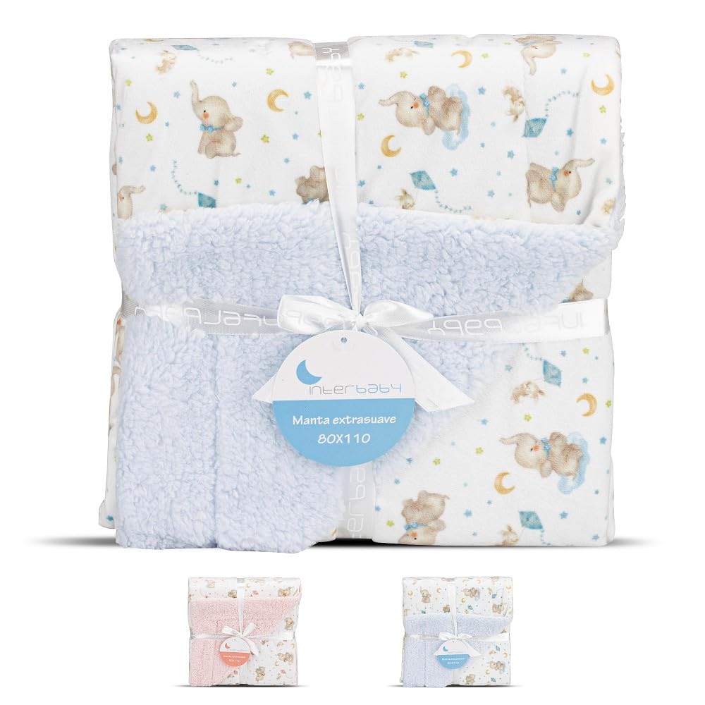 Interbaby - Manta Bebe Recien Nacido | Mantita Bebe 100% Poliéster, Terciopelo, Suave, Cómoda, Cálida | Manta Meses Bebe 80x110cm, Unisex, para Cunas, Carritos | Elefante + Borreguillo Azul