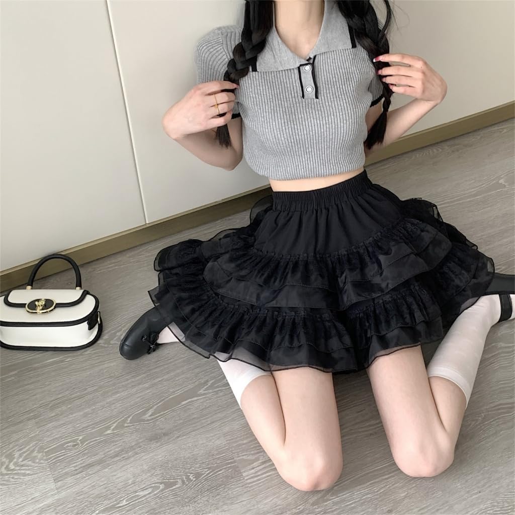Charming Lace Layered Skirt Summer Skirts High Waist A-line Skirts Great for Casual Dates and Parties Black