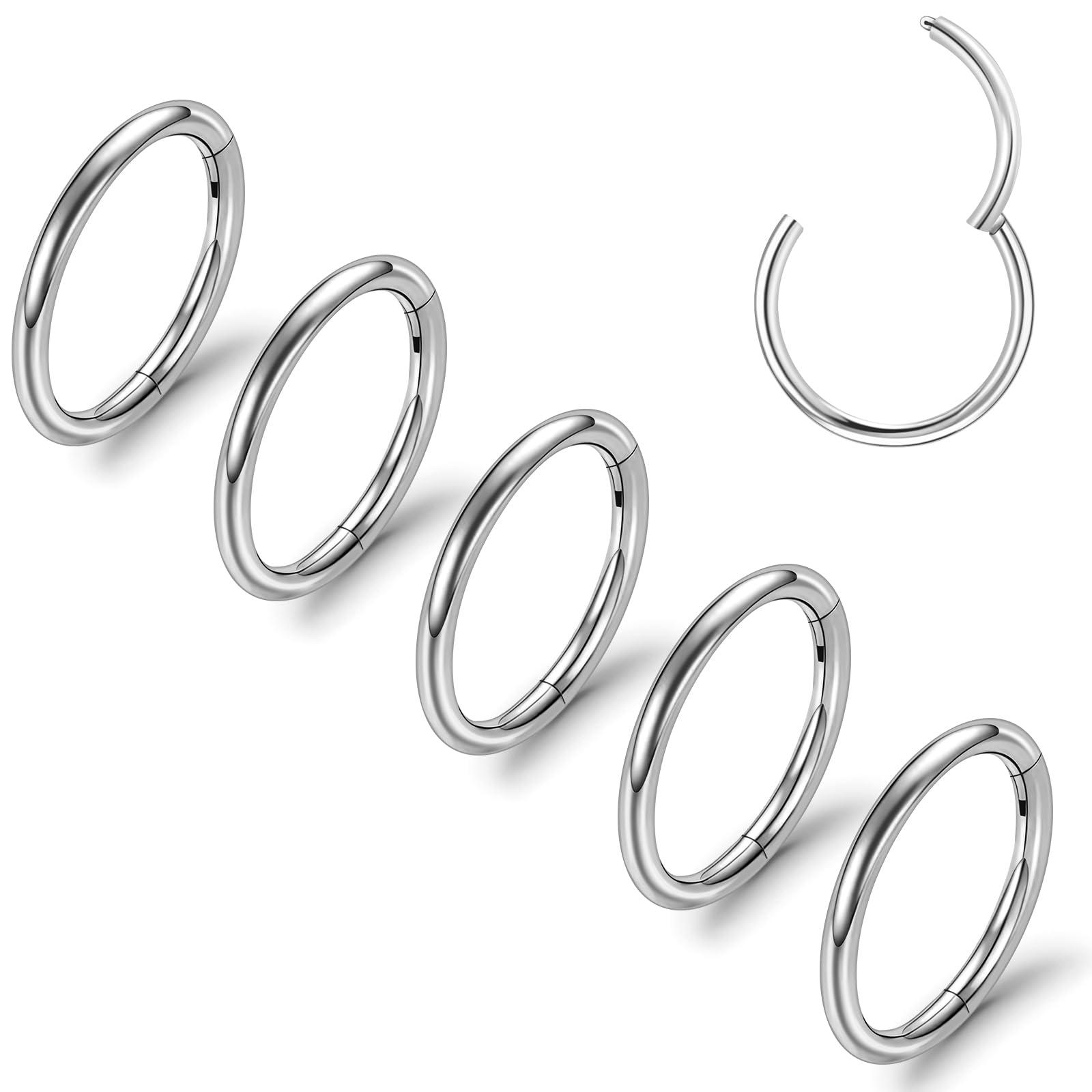ONESING 5pcs Nose Rings Hoops 14G-20G Hinged CZ Conch Piercing Jewelry 316L Surgical Steel Septum & Lip Rings 6mm-14mm