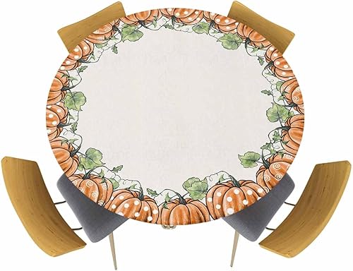 Mantel redondo ajustado de calabaza de acuarela de otoño, mantel de lino vintage con borde elástico, impermeable, mantel circular de hojas verdes de