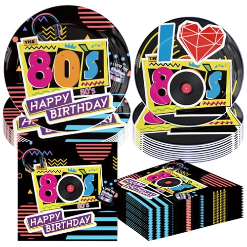 PGSWEER 60pcs Back to 80s Party Plates I Love 80's Disco Rock Party Plates Napkins Retor 80s...