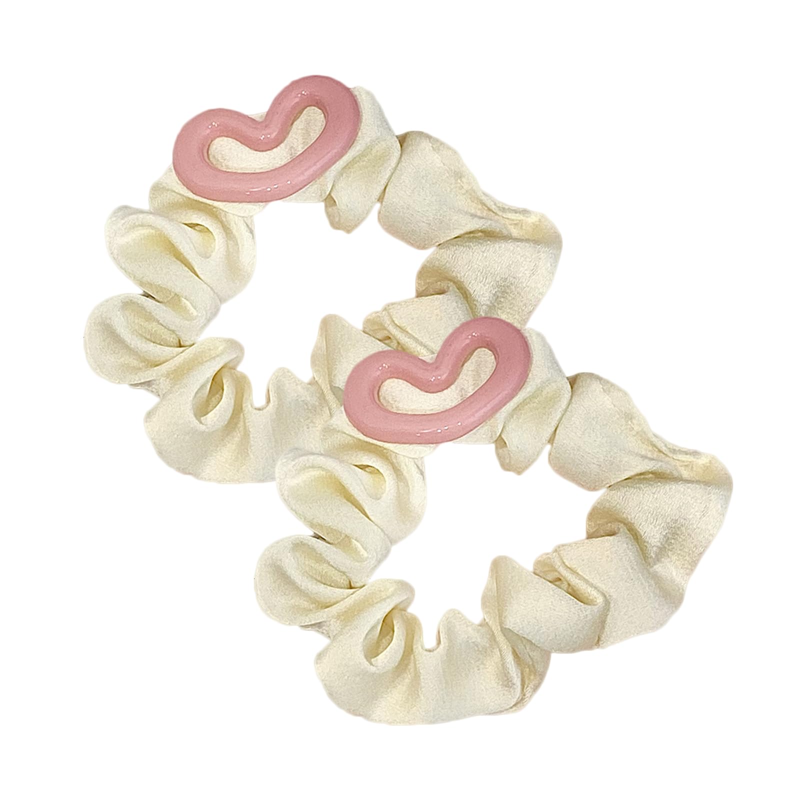Cream Color Satin Scrunchies Hair Ties - 2Pcs Hollow Heart Yellow Large Elastic Hair Bands for Thick Curly Hair Ties Solid Hair Ropes Ponytail Holder