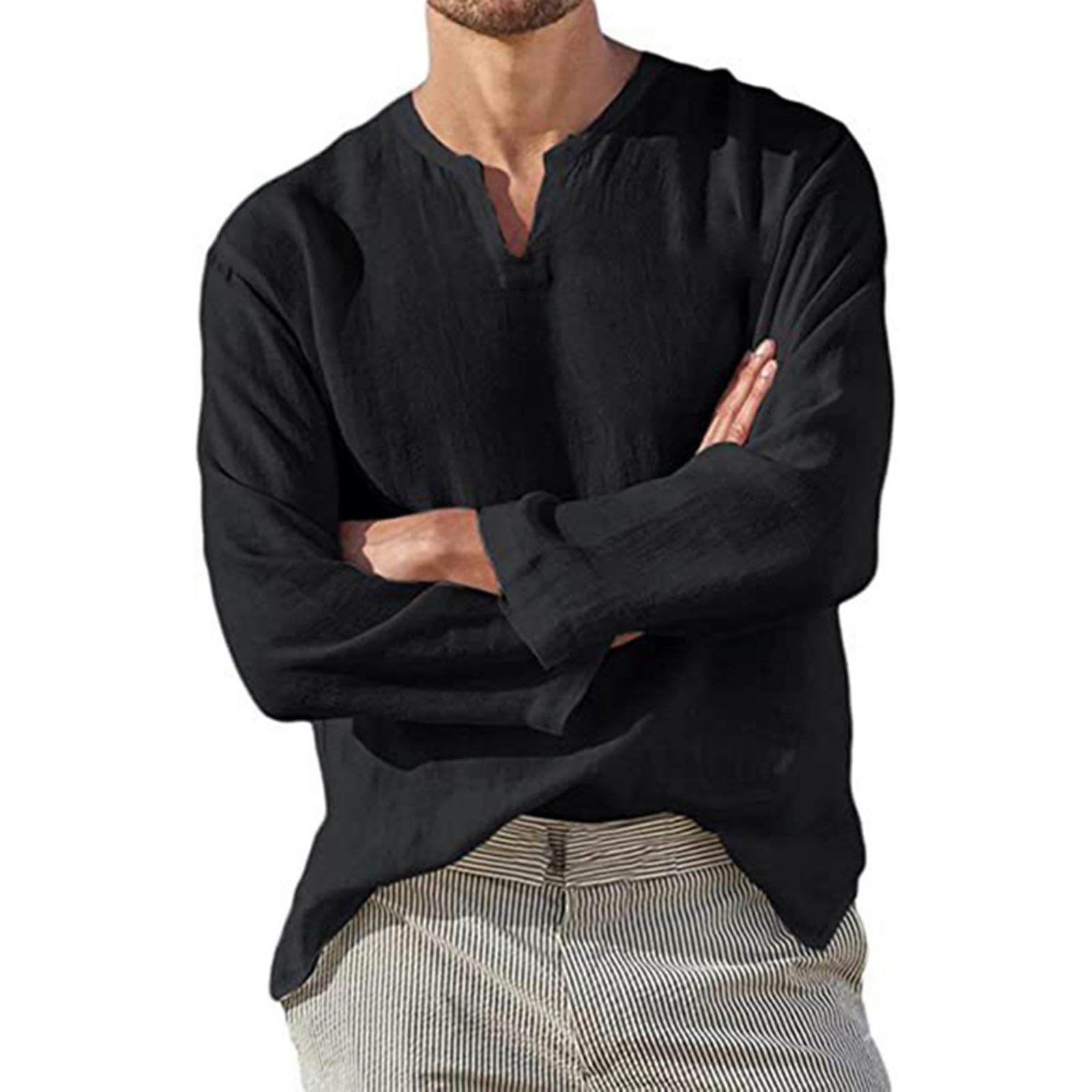 Uomo Maglia a Maniche Lunghe in Cotone Camicia di Lino Uomini Breve Traspirante Comodo Colore Solido Manica Lunga Camicetta Casuale-Bianco-5Xl