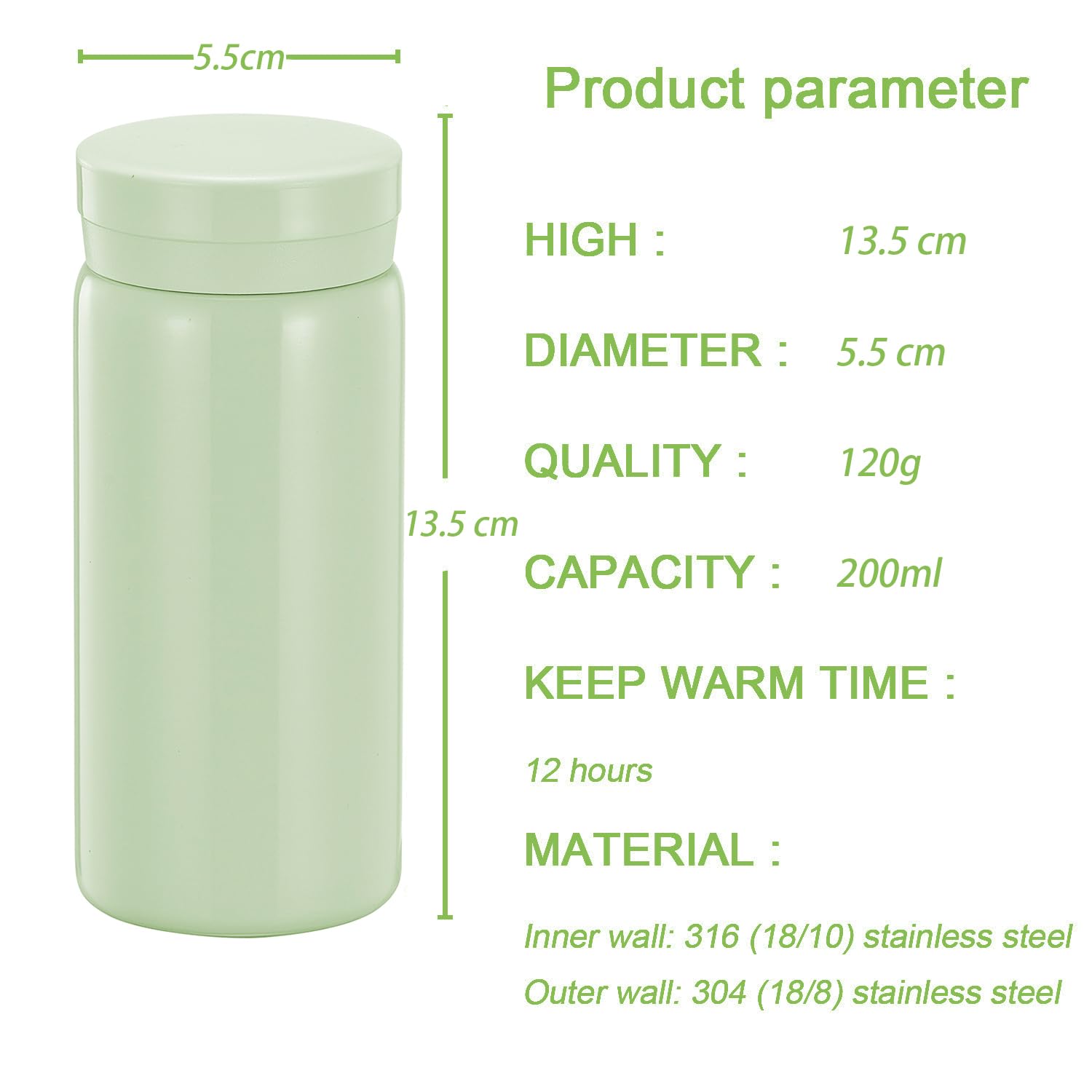Small Flask, Cute Water Bottle, Vacuum Insulated Flask for Hot & Cold Drink, Keep 12H Hot & 6H Cold (Light Green, 200ml) - Image 2