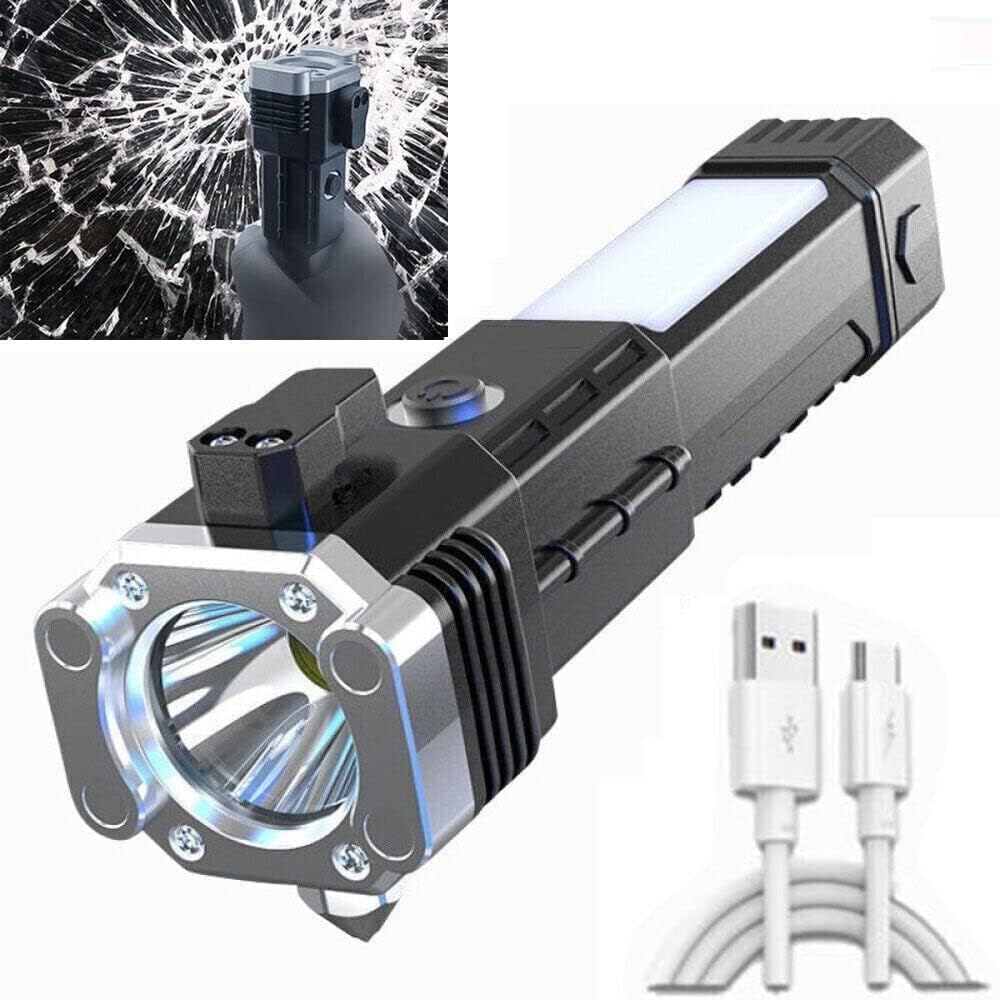 ALWAFLI Portable Rechargeable Torch LED Flashlight Long Distance Beam Range with Power Bank, Hammer and Strong Magnets,Car Rescue Torch with Hammer Window Glass