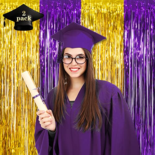 Image of LOLStar Graduation Party Decoration, 2 Pack Purple Gold Foil Fringe Curtain | 3.3 x 6.6 ft Tinsel Streamers Backdrop, Graduation Photo Booth Backdrop for Class of 2026, Prom and Grad Party Decorations