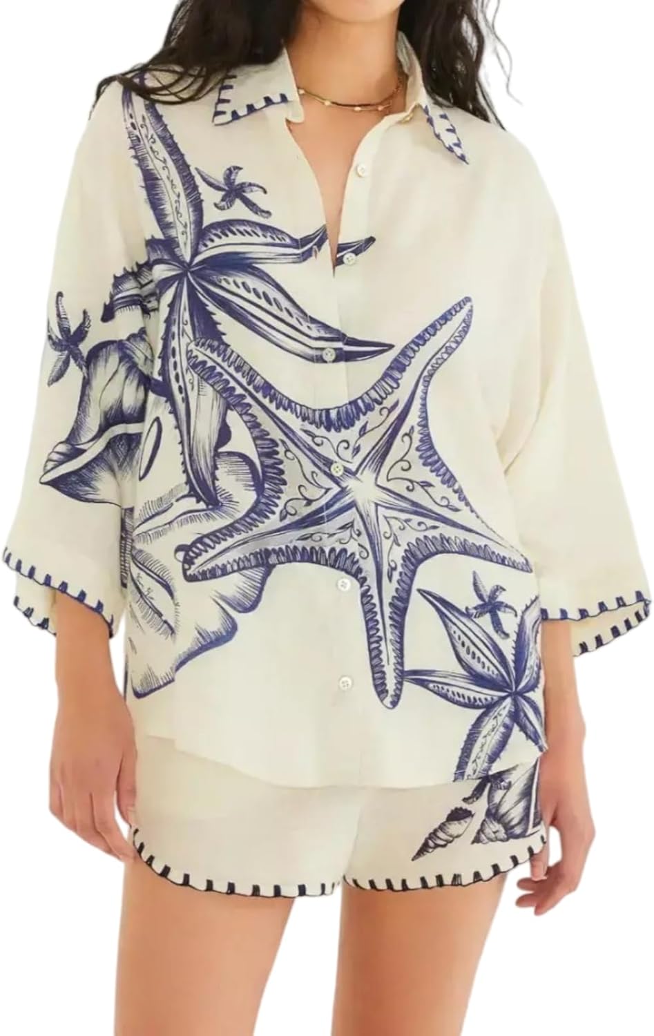 Starfish Print Relaxed Linen Blend Collared Fitting Shirt And Elastic Loose Waist Pocket Shorts Set For Beach Vaction