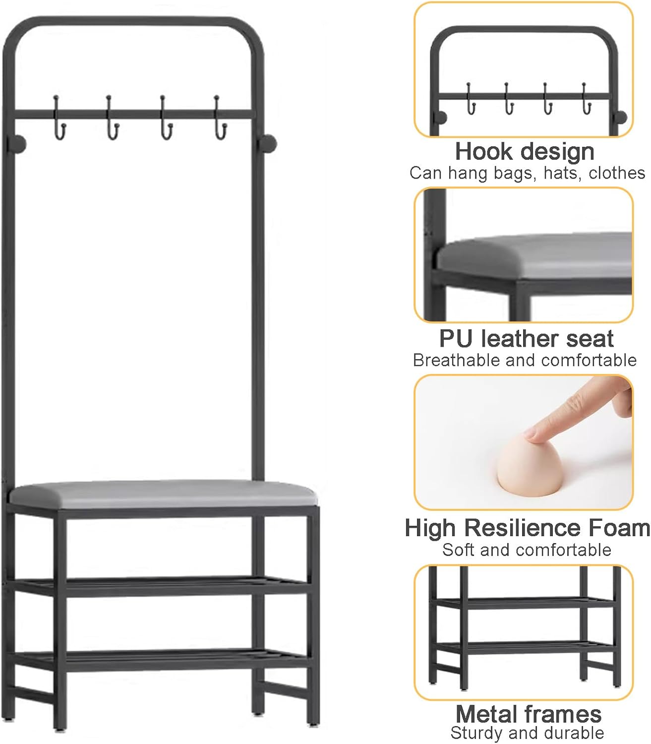 Freestanding Hall Tree with Shoe Storage Bench, PU Leather Seat, Metal Coat Rack, Entryway Organizer with Hooks - Stylish and Functional Space Saver