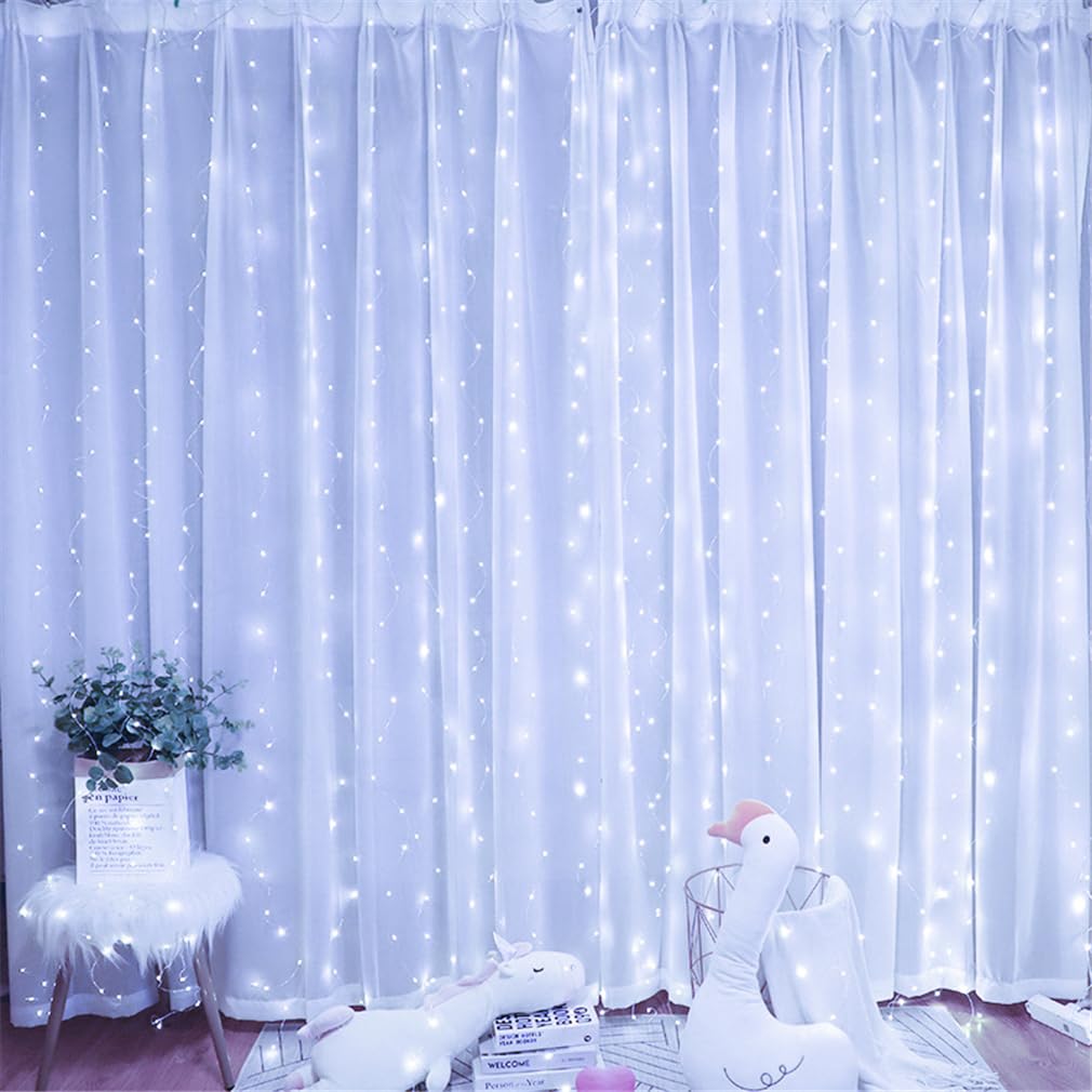 LED Light Curtain USB Curtain Fairy Lights Indoor/Outdoor, Backdrop Window Curtain Lights 8 Modes with Hooks, for Party Decoration Bedroom Wedding Birthday Garden Window (White,3 * 3M)