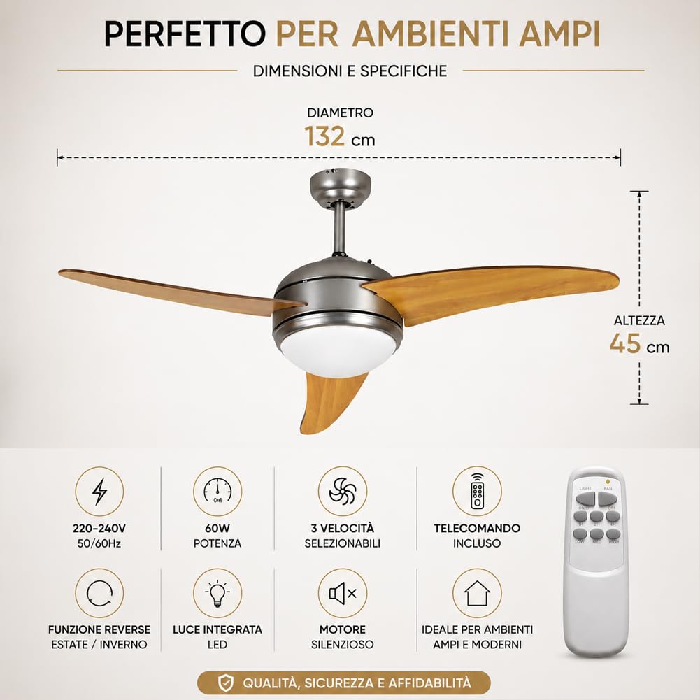 BAKAJI Ventilatore Lampadario da Soffitto 3 Pale in Legno con Lampada in Vetro Satinato 3 Velocità e Telecomando per Comando a Distanza Diametro 130cm Colore Silver e Legno Naturale