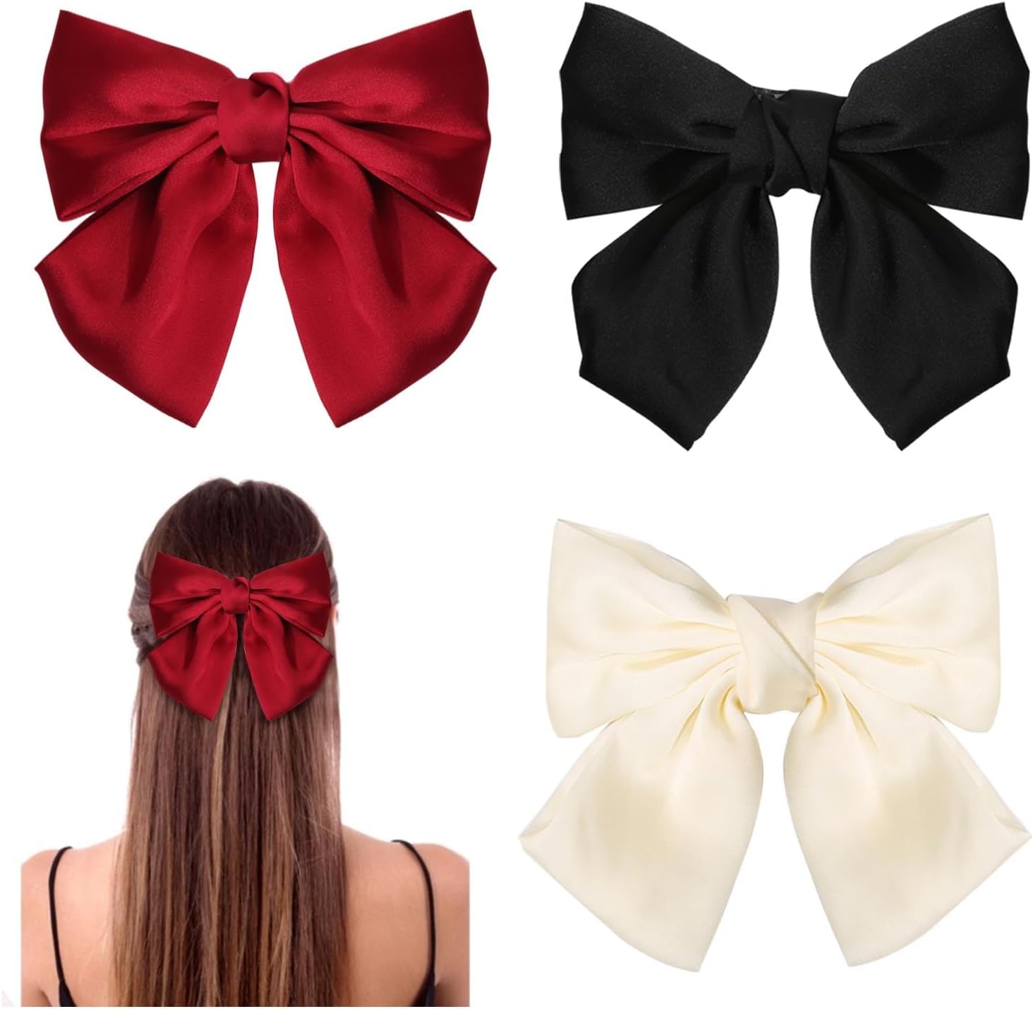 GWAWG 3PCS Bow Hair Clip,Hair Bows Barrettes Solid Color,Soft Satin Silky Hair Bows for Women Girls(Black, White, and Red)