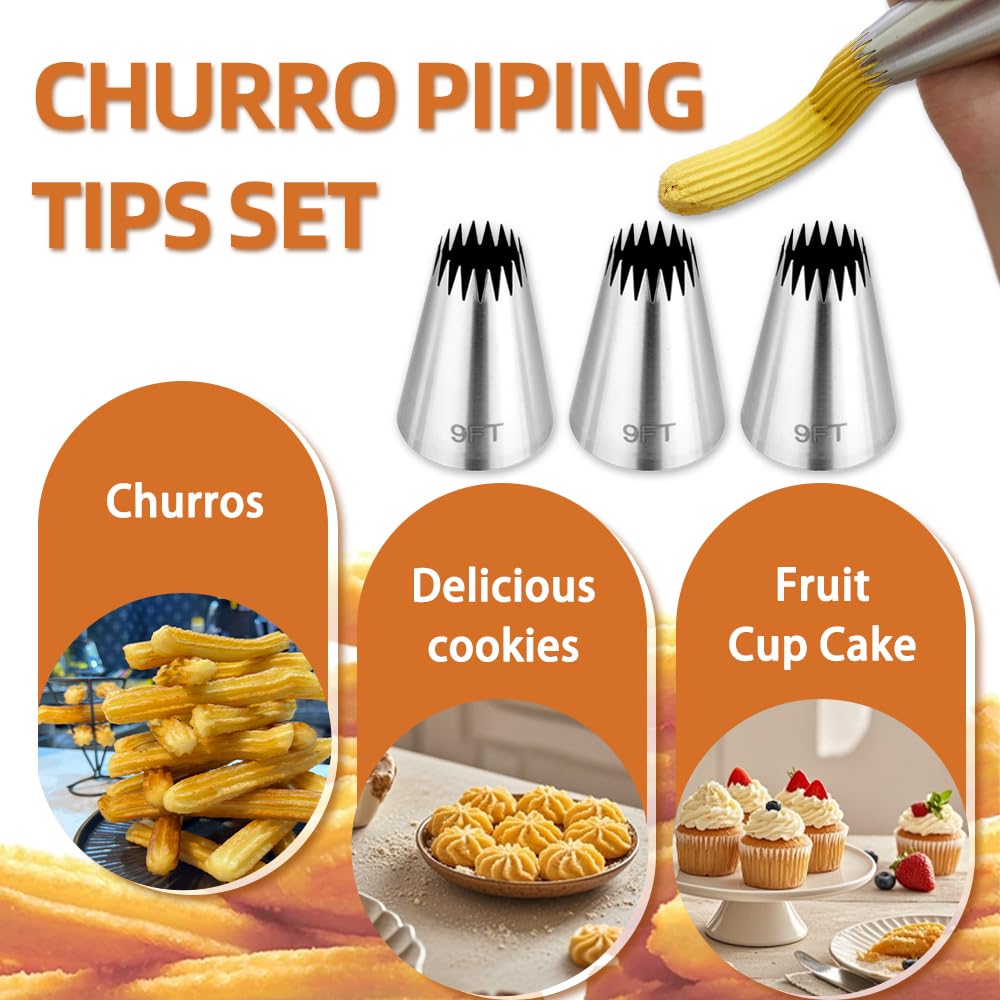 Juego de 3 puntas y bolsas de churro grandes, puntas de pastelería de 9 pies con 30 bolsas grandes de 18 pulgadas desechables para fabricantes de churros, puntas de tuberías de estrella francesa para 2