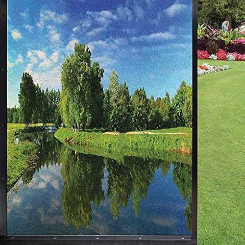 Landscape Window Film Window Privacy Film,Scenic Natural Landscape with Lake Trees Grass and Reflection in The Water Print Window Privacy Reflective for Bathroom Office Living Room,Green Blue Cover