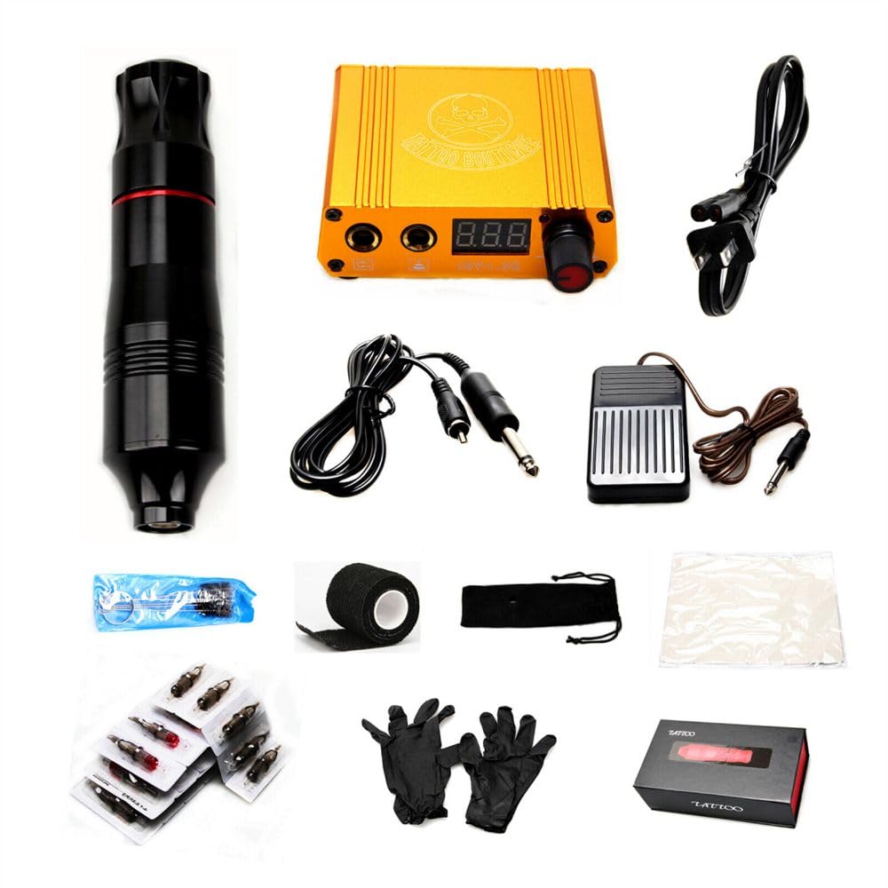 1 Pcs Of Complete Tattoo Pen Kit LCD Power Supply RCA Cable Foot Pedal Cartridge Needles