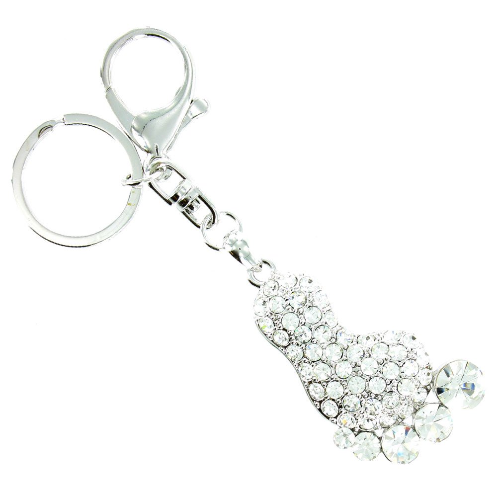 Body Bling Llavero de pie brillante chapado en plata con cristal transparente y colgante para bolso de mano.