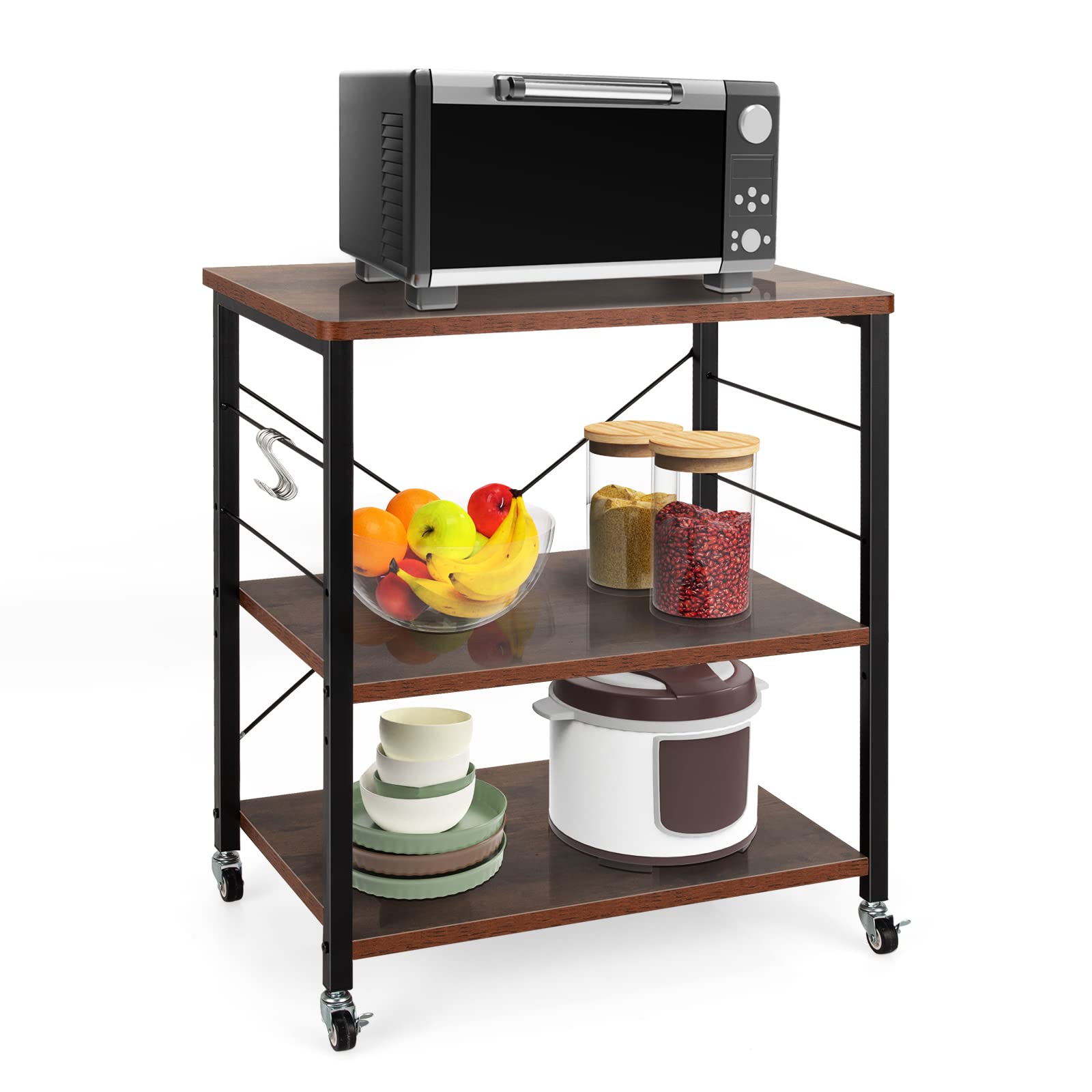 GIANTEX Servierwagen Küchenwagen auf Rollen, Küchenregal 3 Ebenen & 10 Haken, Druckertisch Druckerständer Industrie-Design, Küchenwagen Holz & Stahl, Standregal Gewürzregal 60 x 40 x 73 cm