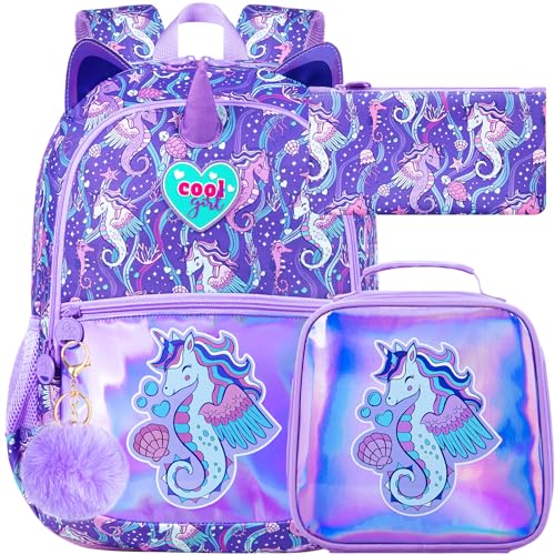 ZLYERT 3 unidades de mochila para meninas, mochila de lantejoulas para estudantes do ensino fundamental, mochilas infantis de 40,6 cm com lancheira, Cavalo marinho roxo, One Size, Mochilas Daypack