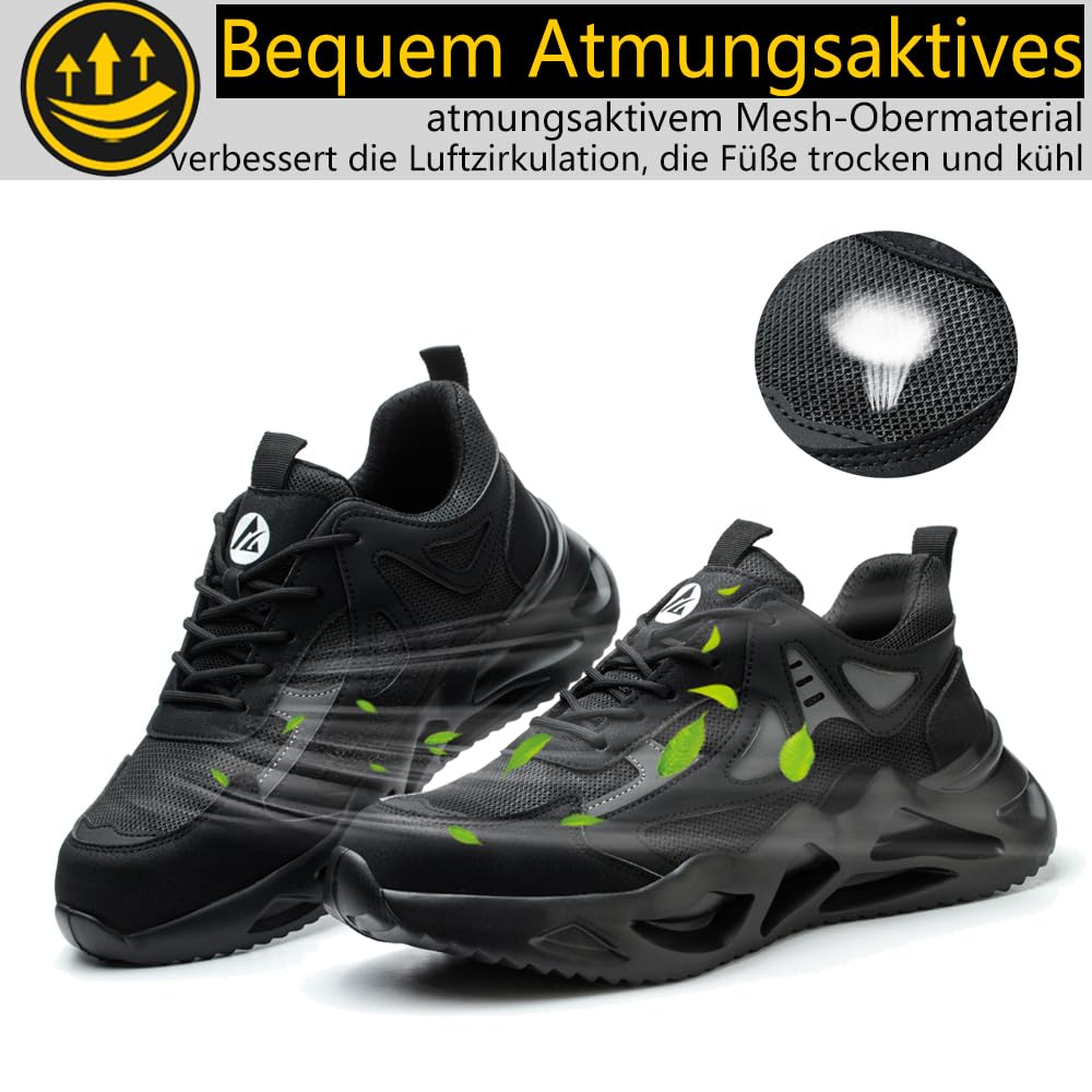 Sicherheitsschuhe Herren Leicht Sportlich Arbeitsschuhe Damen rutschfeste Stahlkappenschuhe Atmungsaktiv Arbeitsturnschuhe mit Stahlkappe, Schwarz, EU 44