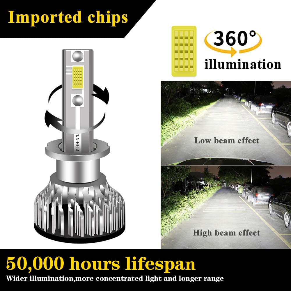 Sidaqi Ampoules H3 LED 100W 6000K Blanc 12000LM - 2 Pièces, Phares Voiture Moto COB