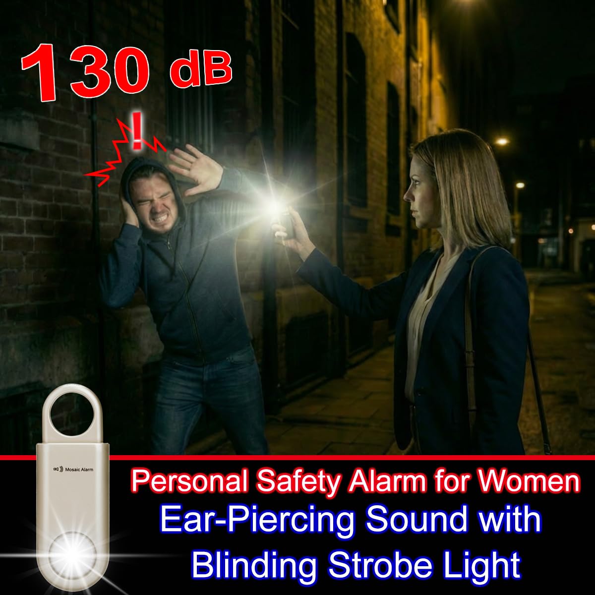 Allarme di sicurezza personale da 130 dB, luce stroboscopica, suono forte, allarme di emergenza SOS, con moschettone, portachiavi per autodifesa, sirena per donne, anziani, bambini, corridori