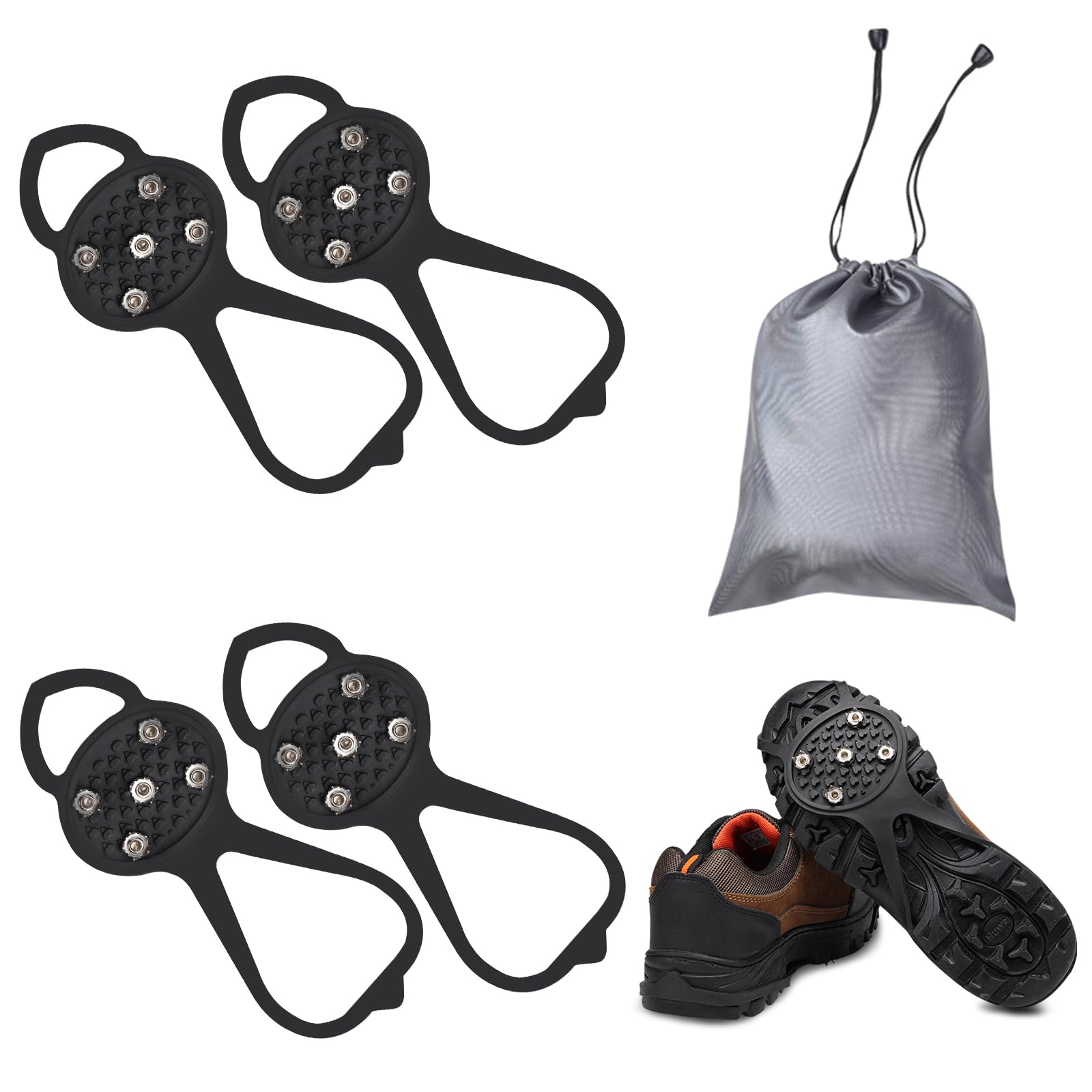 2 Pairs Non Slip Gripper Spike, Ice Grippers Traction Cleats Snow Shoe Spikes Grips Crampons with 10 Steel Studs Cleats