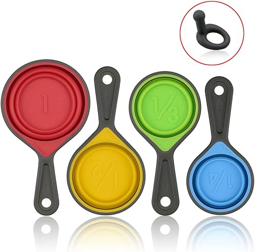Miniatura 6 de leepiya Juego de tazas y cucharas medidoras, Tazas medidoras plegables, 8 piezas, Medidor plegable grabado con marcas métricasimperiales para