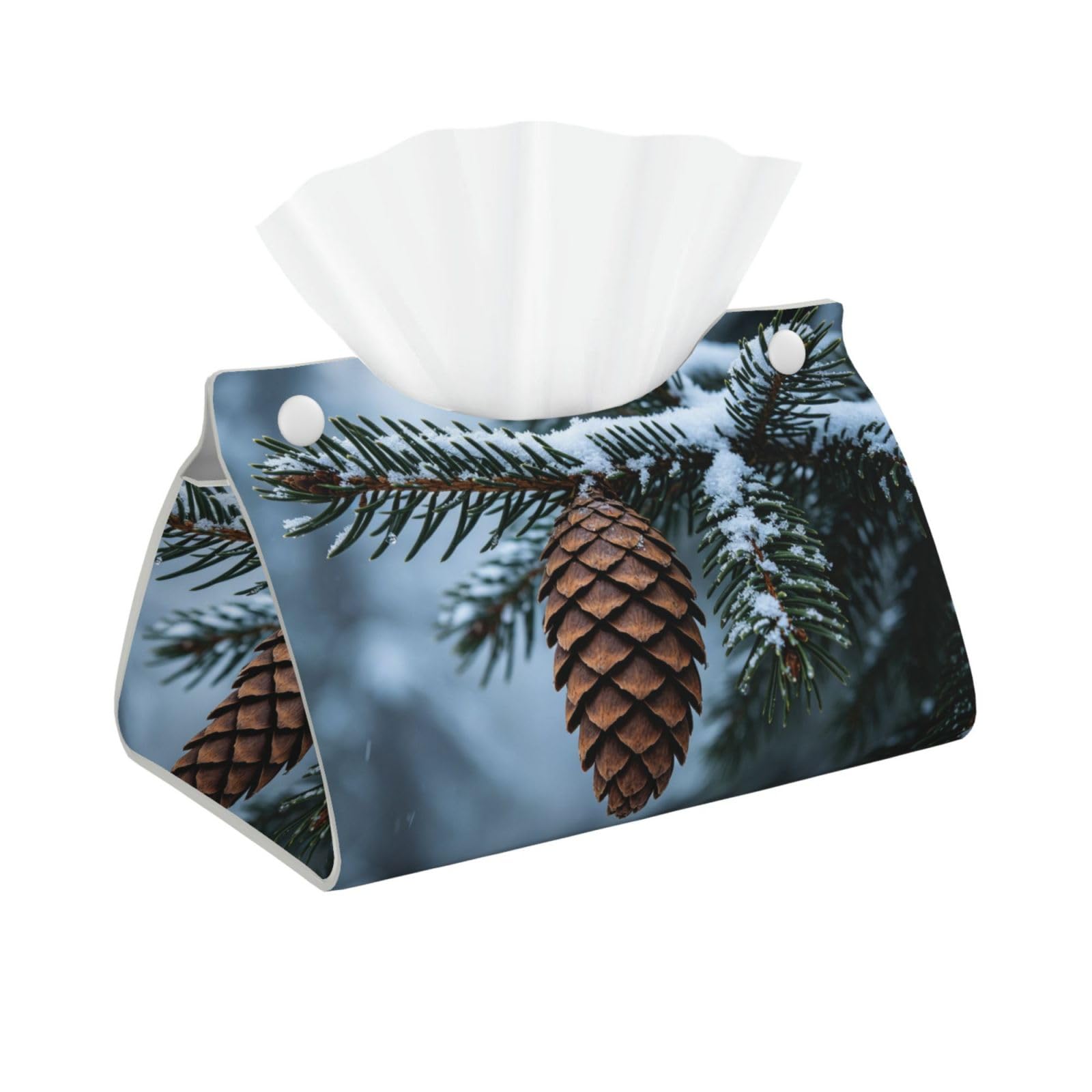 Green Pine Branch Long Leather Tissue Box Cover-Waterproof PU Leather Tissue Holder for Bathroom, Decorative Rectangular Tissue Case