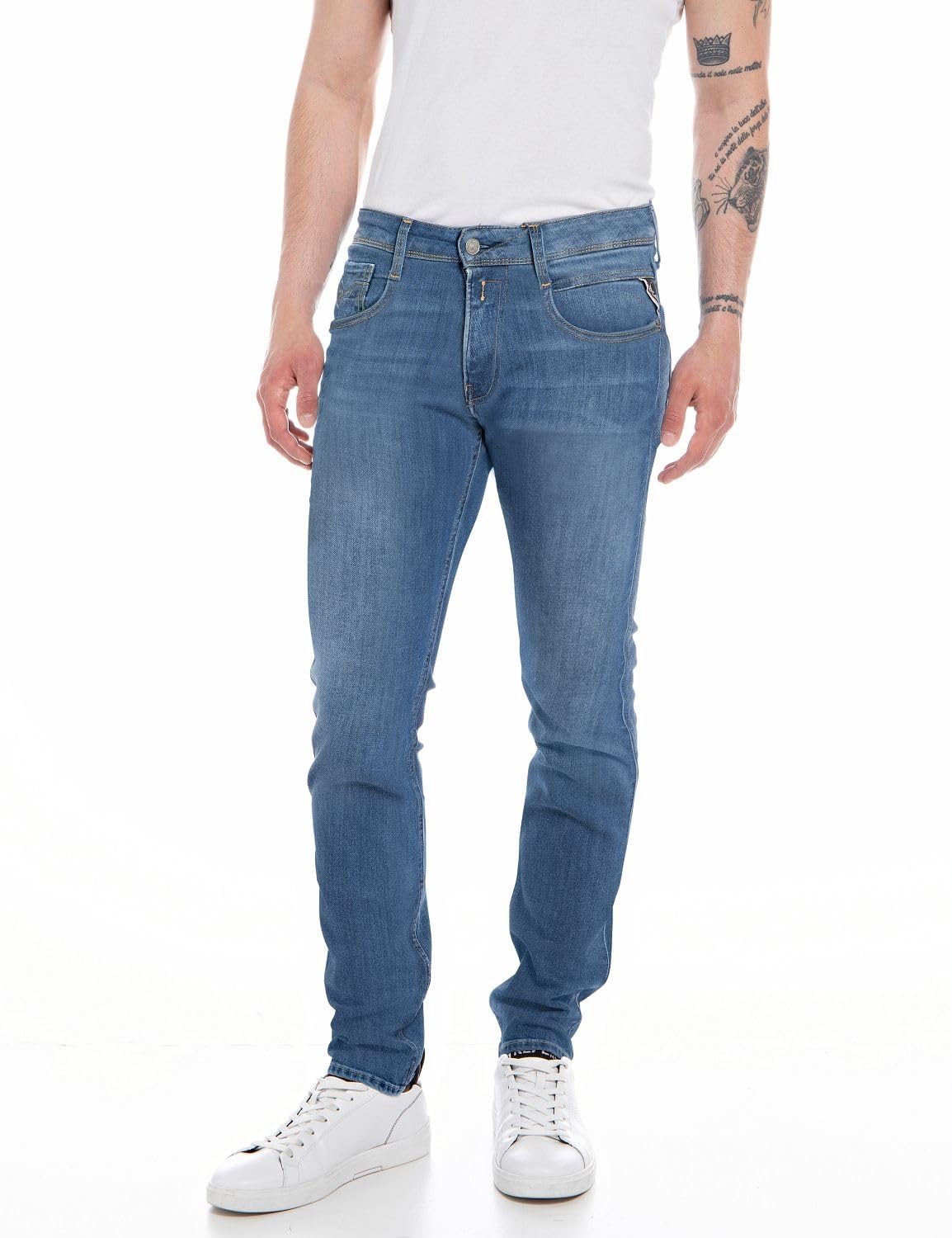 Replay mens jeans with power stretch, blue (Medium Blue 009), 32W / 32L