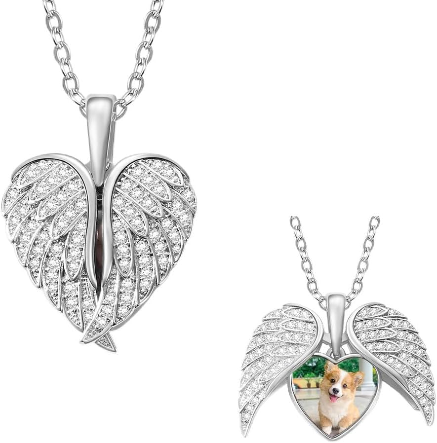 CALLIE Personalized Heart Wings Locket Necklace for Women, Custom Necklace Pendant with Picture, Christmas Valentine's Day Birthday Memorial Gifts for Dog Cat Owner Pet Lovers