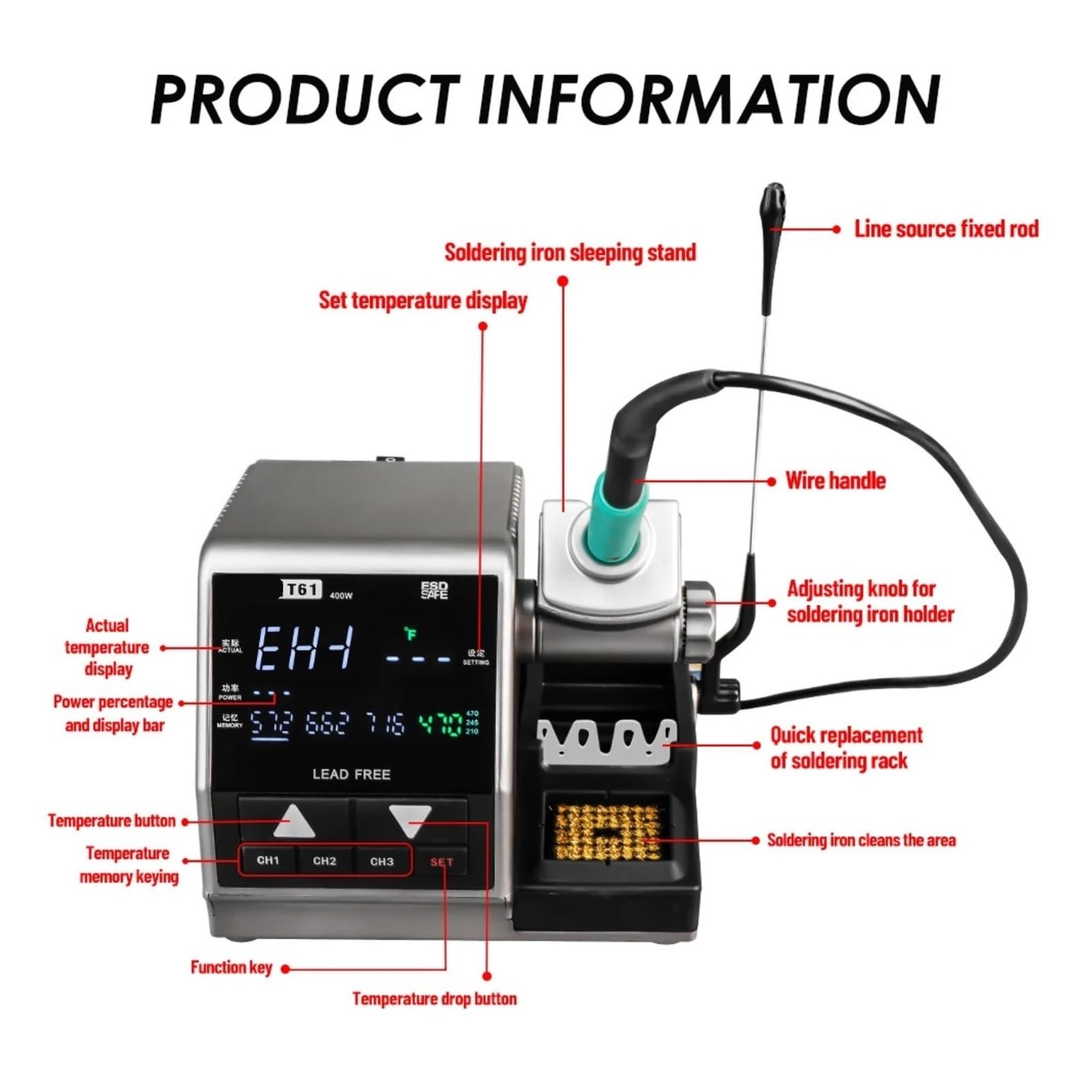 Stazione di Saldatura, Stazione di saldatura ad alta potenza T61 da 400 W, strumento rilavorazione compatibile con punte C470 C245