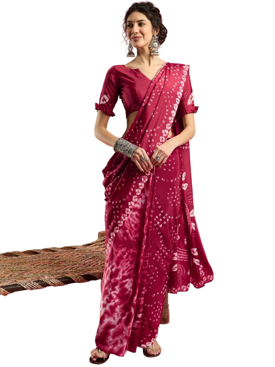 Bhandhaje Silk Saree for Women | Elegant Maroon Bandhani Print Saree with Blouse Piece |