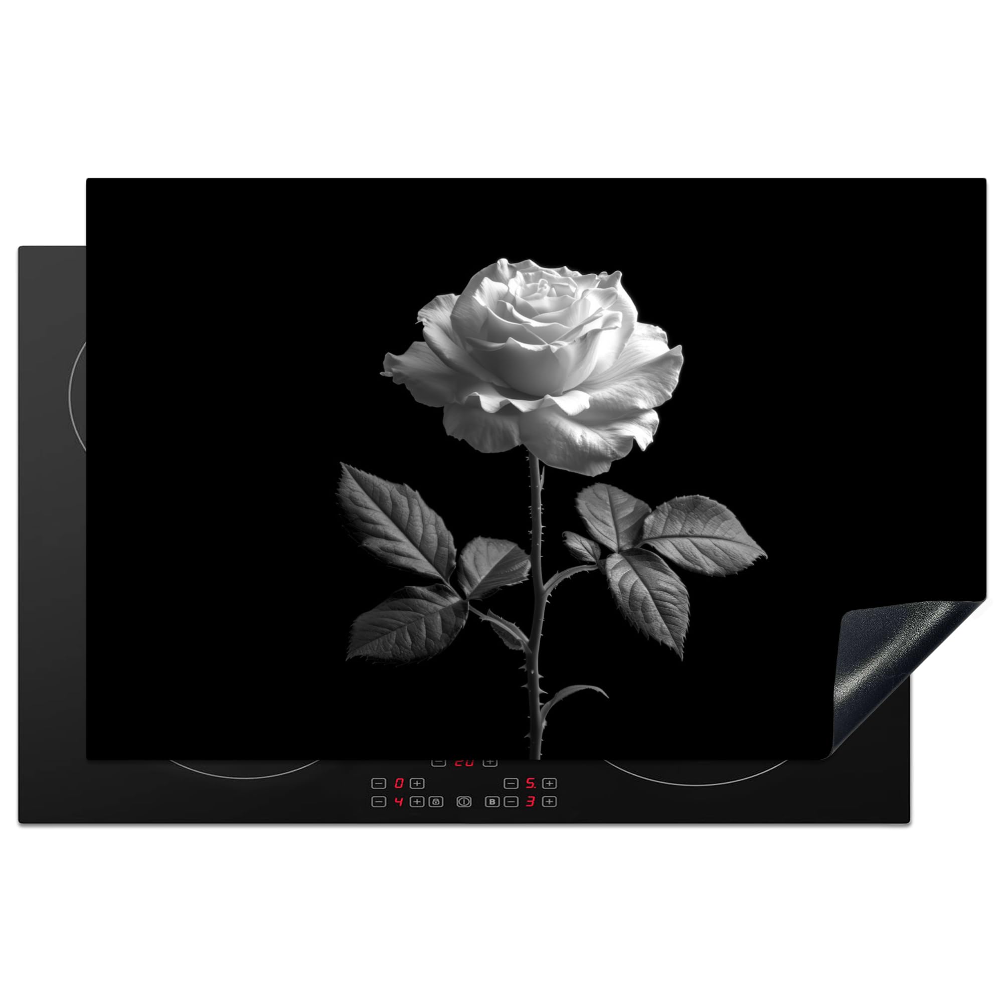 KitchenYeah© Induction Hob Protector Mat 20.8"x32.1" / 81.6x52.7 cm Cooker Top Protectors Cover Ceramic Covers Electric Hobs Vinyl Rose - Black and White - Flower