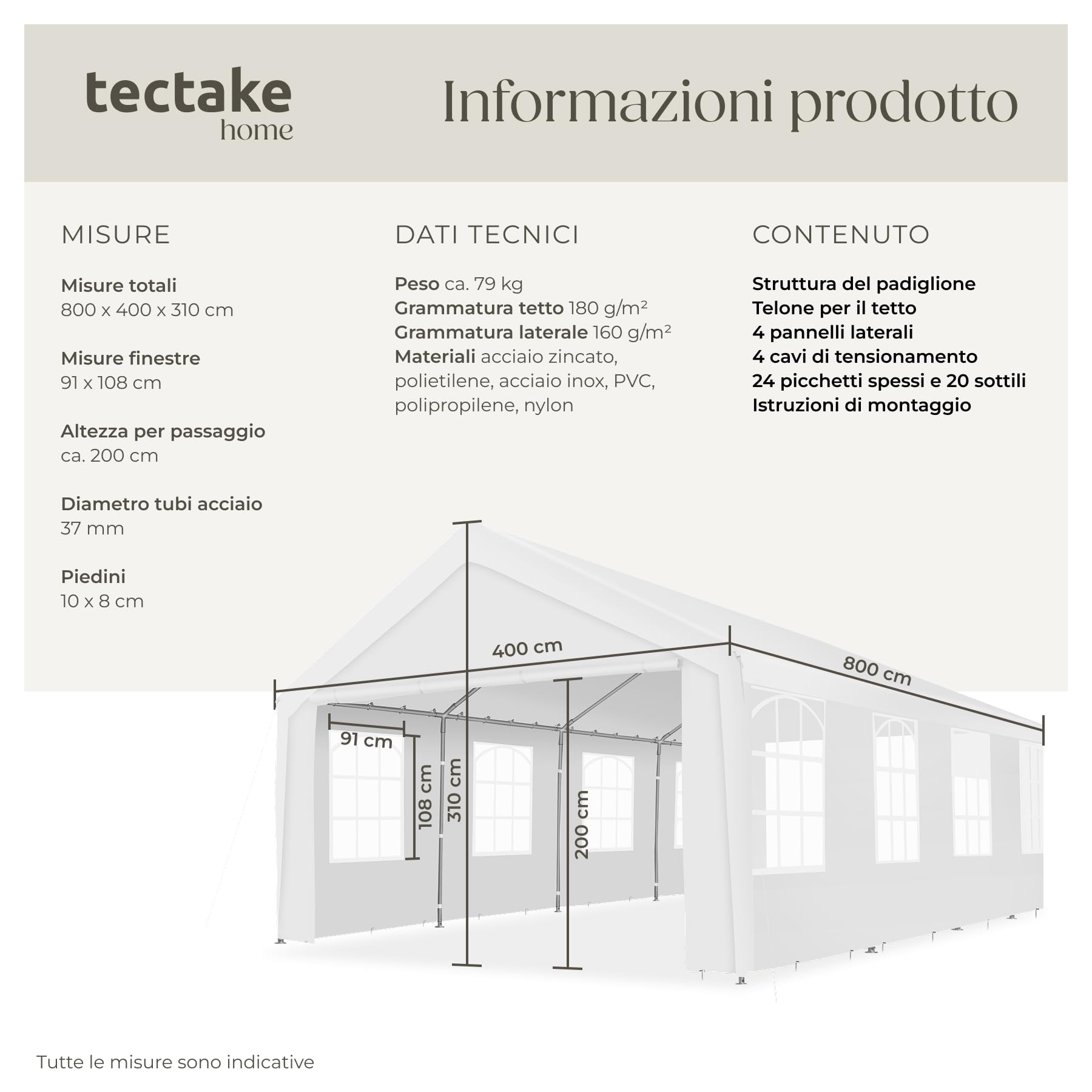 tectake® Tendone per Feste 8 x 4 m, Gazebo Impermeabile, Protezione UV 50+ | 2 Pareti Laterali e 2 Pannelli Frontali Rimovibili, Finestre Ampie, Telone Antistrappo, Telaio Acciaio Verniciato, Bianco