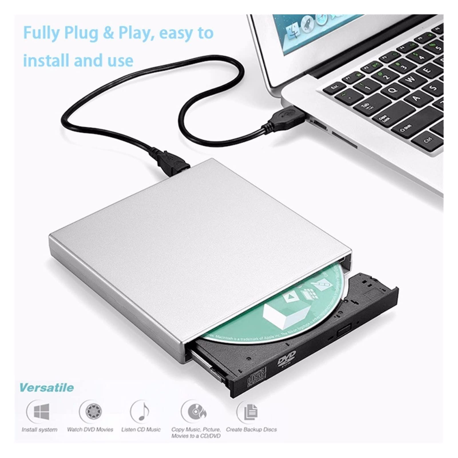Srebrny cienki USB2.0 DVD CD. Dysk zewnętrzny z wytrzymałym plastikowym palenia czytnik nagrywarka Combo Pisarz Rejestrator do laptopa Przenośny