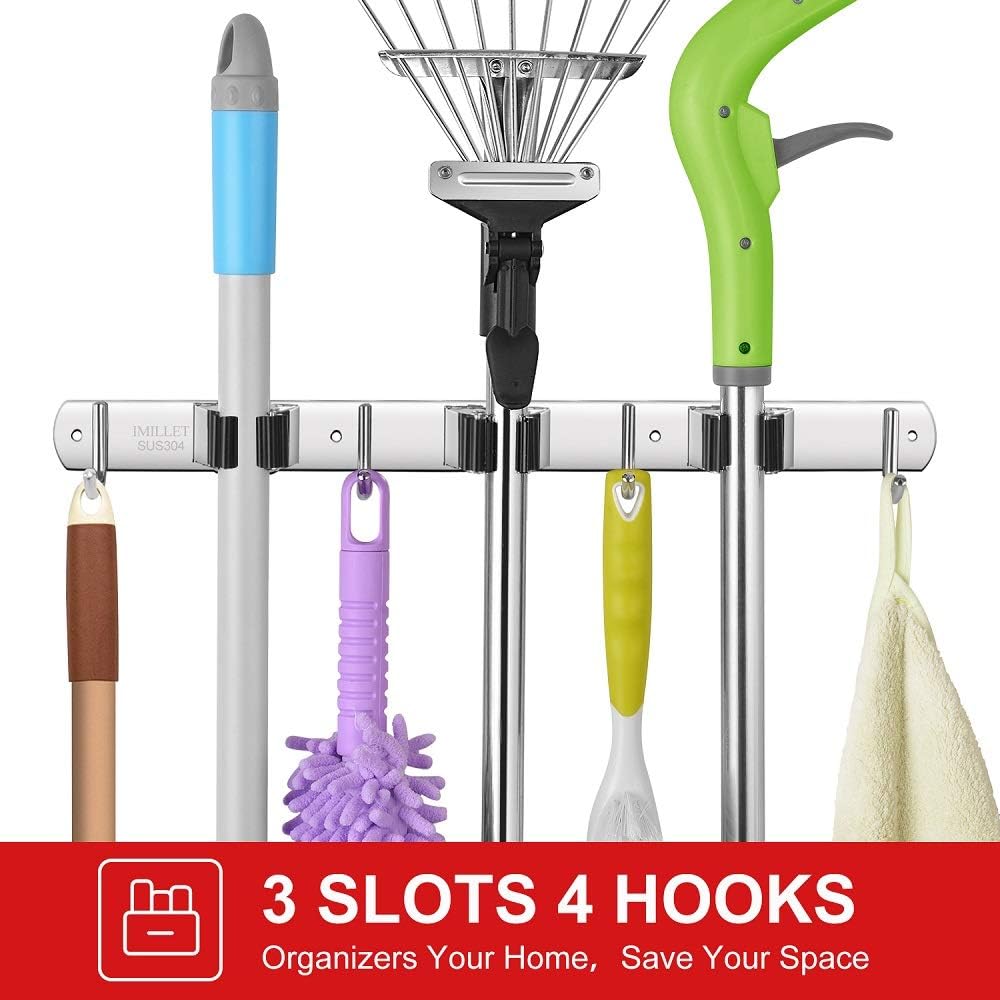 IMILLET Broom and Mop Holder Wall Mounted Broom Holder Stainless Steel Mop Holder Self Adhesive Heavy Duty Hooks Storage Organizer for Laundry Room Garden Garage Closet Kitchen （2 Pack） : Tools & Home Improvement