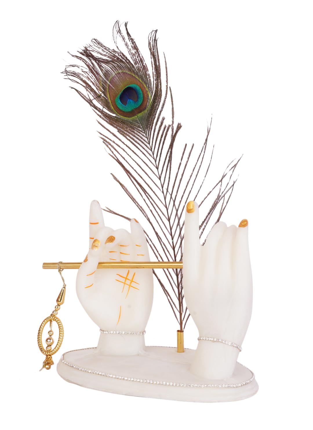 THE SACRED GIFTS Lord Krishna Hands with Flute Idol | Krishna Flute Hand Statue | Krishnaji Hands Idol with Peacock Feather | Statue for Car Dashboard & Griha Pravesh Gift