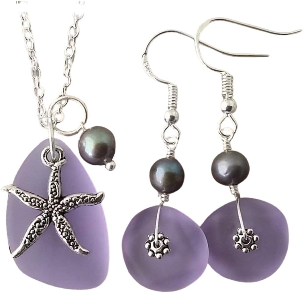Handmade Magical Color Changing purple sea glass Necklace+Earrings Set, jewelry set, starfish charm, February Birthstone, Hawaiian Gift