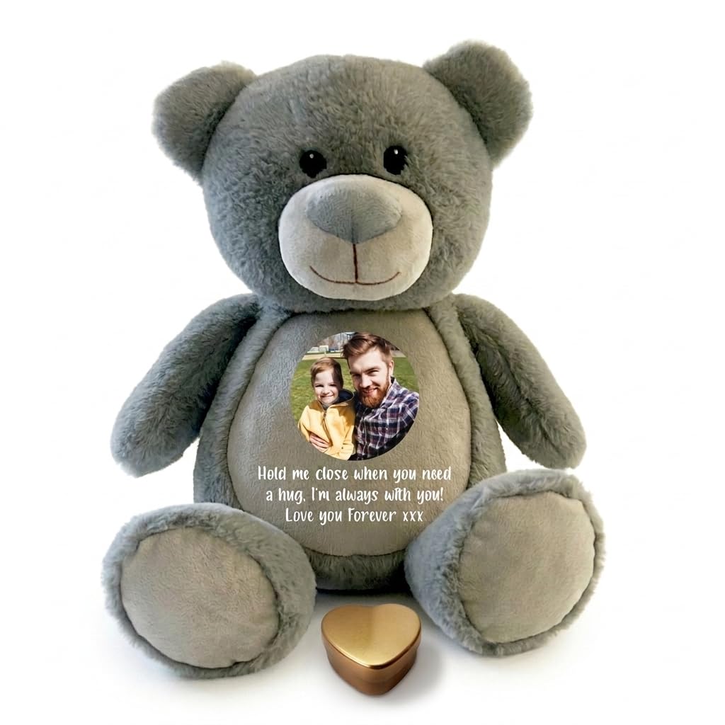 Large Personalised Photo Ashes Keepsake Memory Teddy Bear - Grey | Metal Heart Shaped Tin Ashes Urn | Bereavement Memorial Keepsake | Custom Photo & Message | Sympathy Gift | 42cm Tall