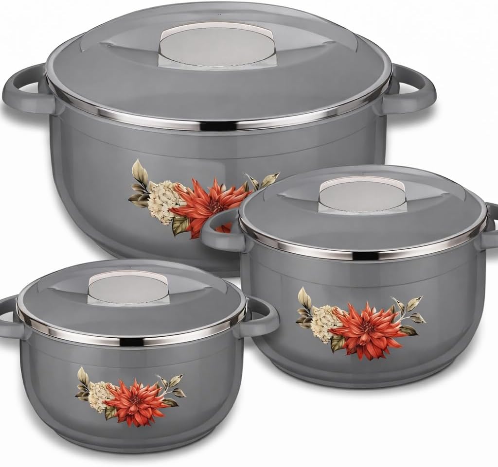 T TABAKH Nova 3pc Set Insulated Casserole Dish with Lid Hot Pot Food Warmer/Cooler - Thermal Soup, Salad Serving Bowl - Stainless Steel Container - Keeps Food Hot & Cold (White, Super Grand 3500ml+5500ml+7500ml)