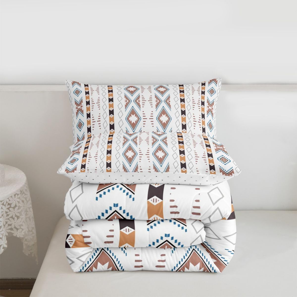 Bohemian Bedding Comforter Sets Boho Aztec Stripes Comforter Set for Teens Boys,Tribe Geometric Triangle Duvet Insert Ethnic Tribal Arrow Aztec Quilt Exotic Tribe Nordic Western Decor King,White