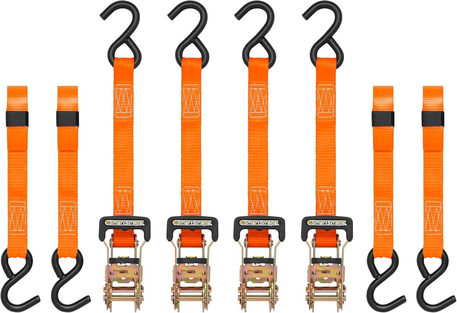 SMARTSTRAPS 10-Foot Ratchet Tie-Down Straps 4-Pack – 3,000 lb Break Strength, 1,000 lb Safe Work Load, Heavy-Duty Padded Handles, Secure Cargo for Motorcycles, Boats & Appliances, Orange