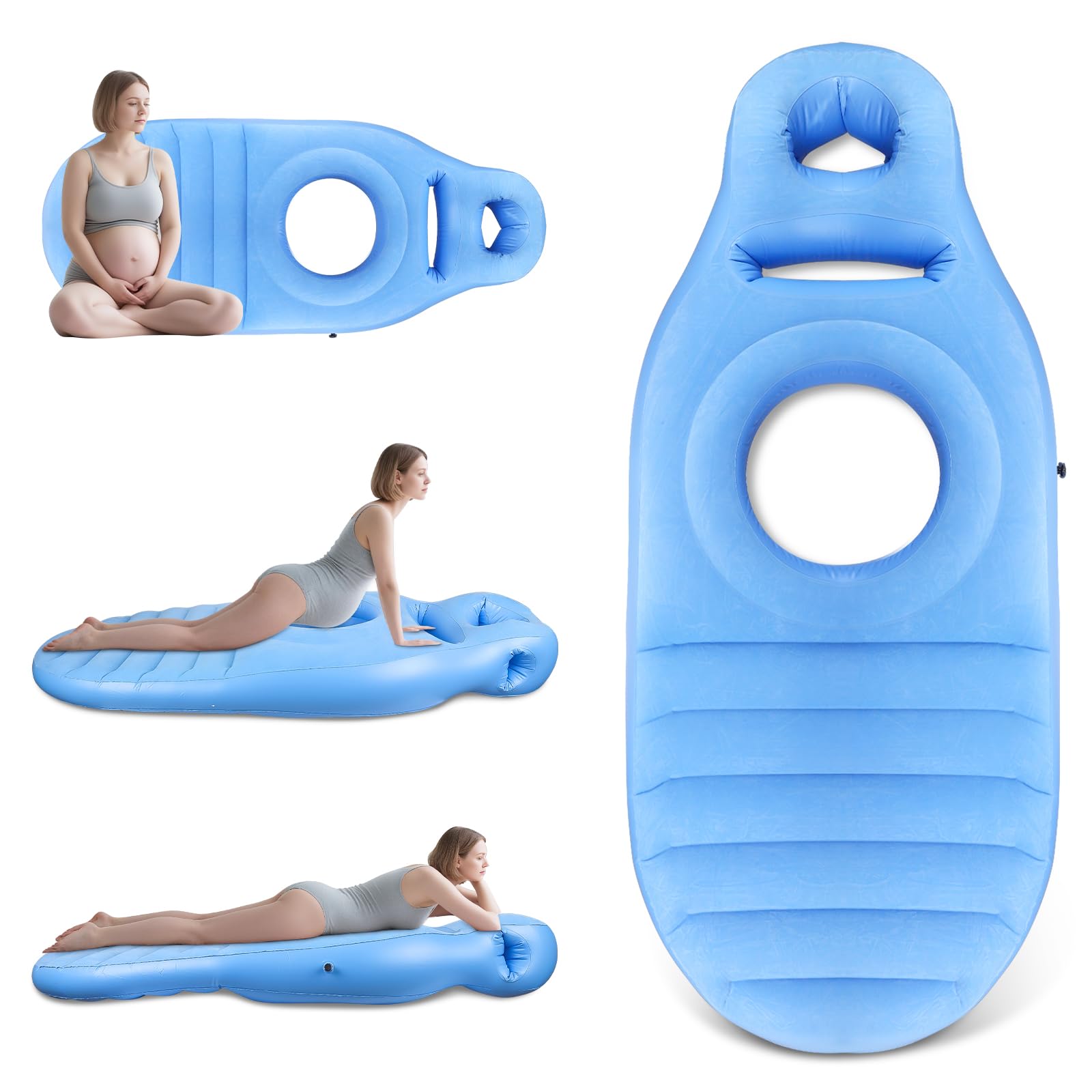 Almohada Inflable para Embarazadas, Esterilla de Yoga con Orificio, Cómoda Cama de Aire Flocada, Esterilla para Tumbarse Boca Abajo, Soporte Corporal Completo para Aliviar el Dolor(Azul)