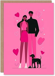 Artery8 Couple With Pet Dog Pink Black Bold Minimalist Valentine's Day Card